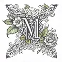 initials N, J, M, R with vines and flowers tattoo design idea