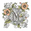 initials N, J, M, R with vines and flowers tattoo design idea