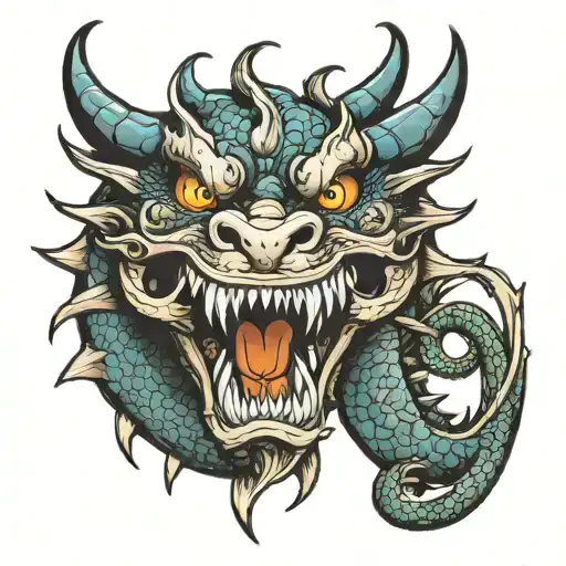 Dragon curled with open mouth, long fangs tattoo design idea