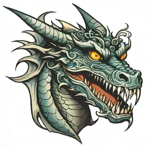 Dragon curled with open mouth, long fangs tattoo design idea