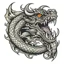 Dragon curled with open mouth, long fangs tattoo design idea