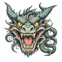 Dragon curled with open mouth, long fangs tattoo design idea