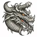 Dragon curled with open mouth, long fangs tattoo design idea
