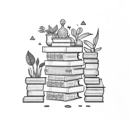 A dotwork tattoo of a stack of books surrounded by plants and coffee cups tattoo design idea