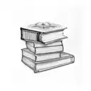A dotwork tattoo of a stack of books surrounded by plants and coffee cups tattoo design idea