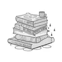 A dotwork tattoo of a stack of books surrounded by plants and coffee cups tattoo design idea