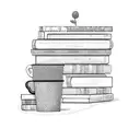 A dotwork tattoo of a stack of books surrounded by plants and coffee cups tattoo design idea