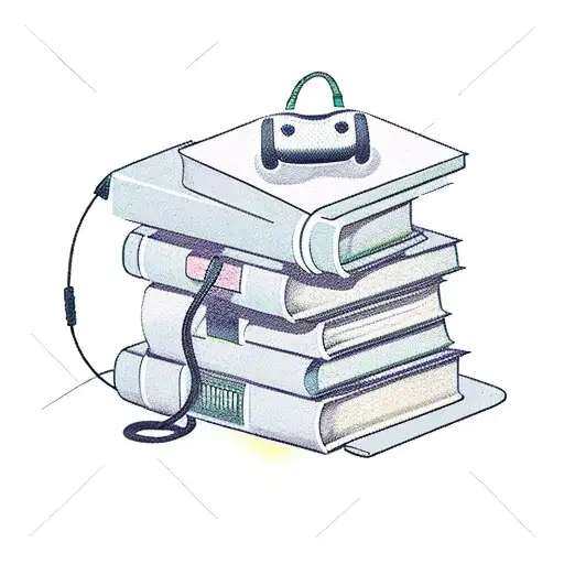 A stack of books with a game controller on top, symbolizing the balance between studying and gaming tattoo design idea