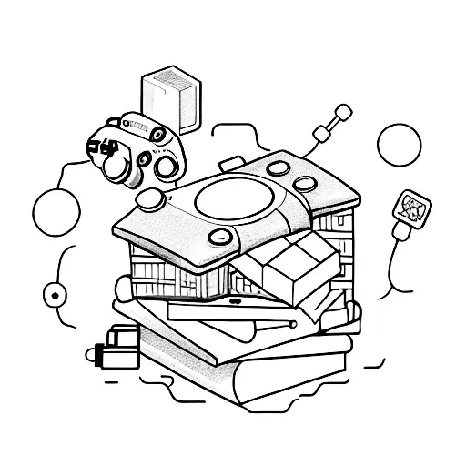 A stack of books with a game controller on top, symbolizing the balance between studying and gaming tattoo design idea
