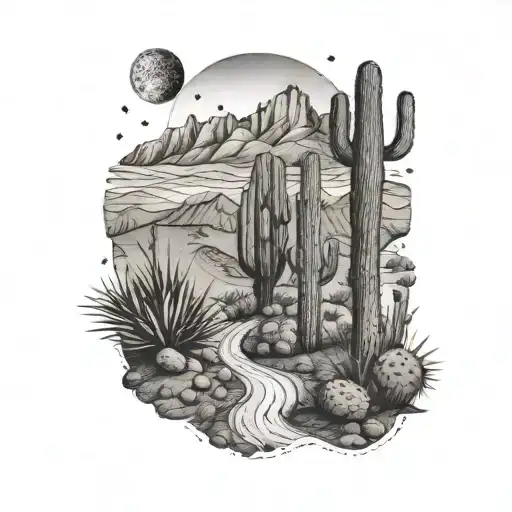 A winding desert road lined with towering cacti, leading towards a distant mountain range tattoo design idea