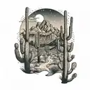 A winding desert road lined with towering cacti, leading towards a distant mountain range tattoo design idea