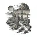 A winding desert road lined with towering cacti, leading towards a distant mountain range tattoo design idea
