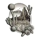 A winding desert road lined with towering cacti, leading towards a distant mountain range tattoo design idea