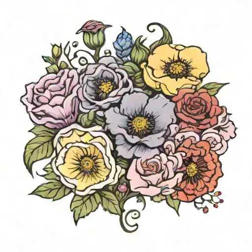 Violet and primrose and rose and honeysuckle Gladlious and poppy  tattoo design idea