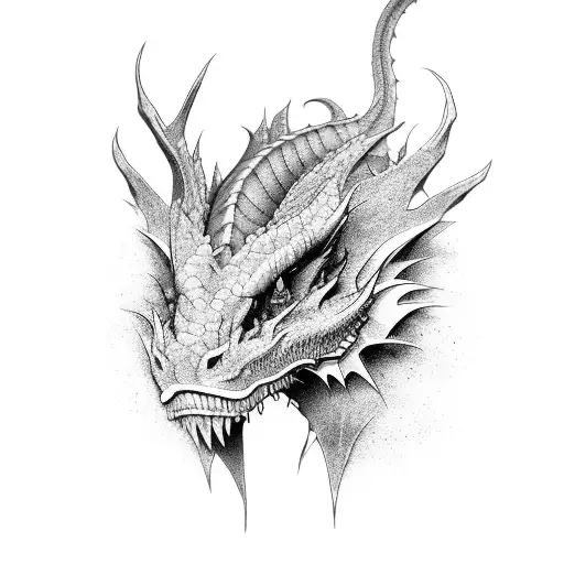 earth dragon facing up on black and grey then only the eryes are colored tattoo design idea