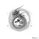 earth dragon facing up on black and grey then only the eryes are colored tattoo design idea