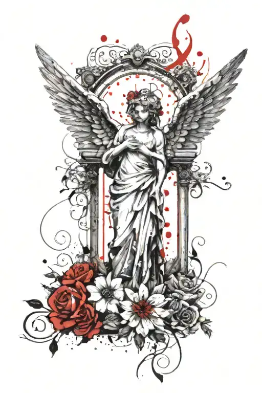 grave stone angel and flowers wrapping tattoo design idea