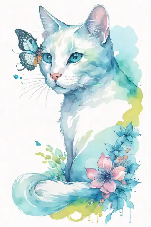 cat looking over her shoulder with butterfly flying tattoo design idea