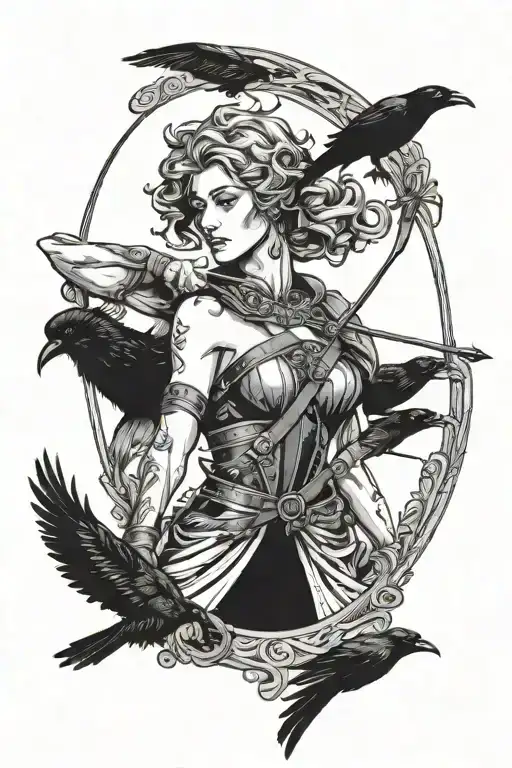 Diana the huntress holding bow with raven flying behind  tattoo design idea