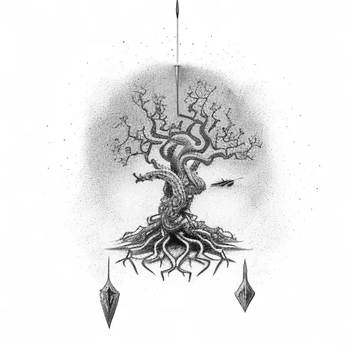 fullsize Yggdrasil and Odin pierced with a spear tonthe tree tattoo design idea