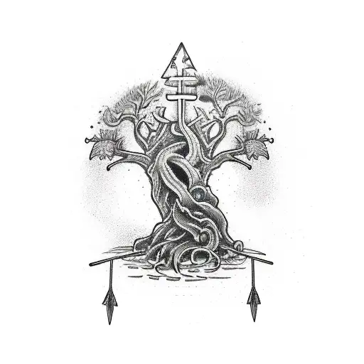fullsize Yggdrasil and Odin pierced with a spear tonthe tree tattoo design idea
