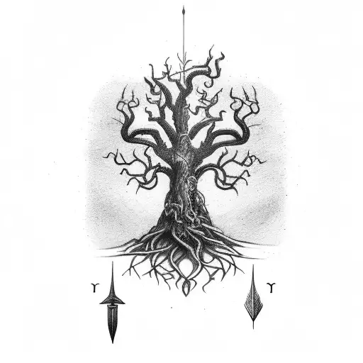 fullsize Yggdrasil and Odin pierced with a spear tonthe tree tattoo design idea