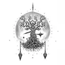 fullsize Yggdrasil and Odin pierced with a spear tonthe tree tattoo design idea
