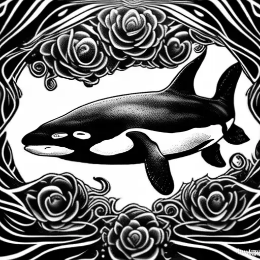 orca, brush, waves tattoo design idea