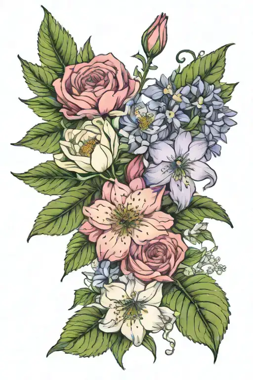 a small bouquet with these flowers: Alstroemeria, anemone, dahlia, Rose, don't forget me, Silac, Iris  tattoo design idea