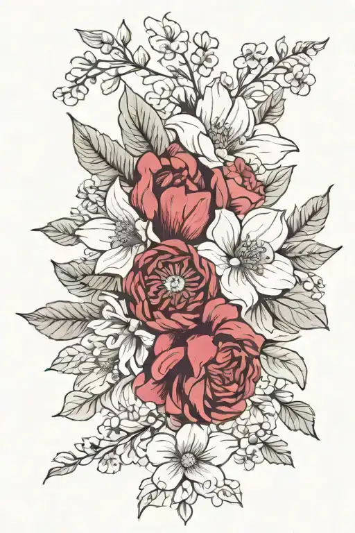 a small tattoo with these flowers: Alstroemeria, anemone, dahlia, Rose, don't forget me, Silac, Iris  tattoo design idea