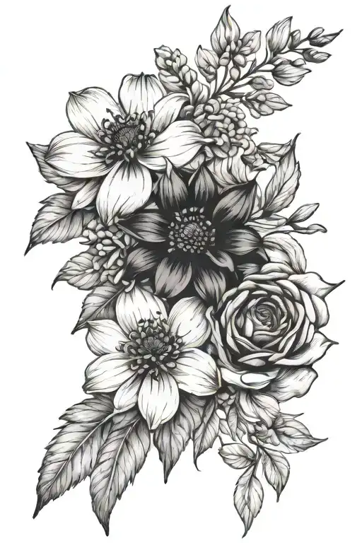 a small tattoo with these flowers: Alstroemeria, anemone, dahlia, Rose, don't forget me, Silac, Iris  tattoo design idea