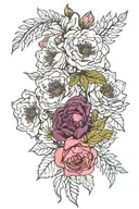 a small tattoo with these flowers: Alstroemeria, anemone, dahlia, Rose, don't forget me, Silac, Iris  tattoo design idea
