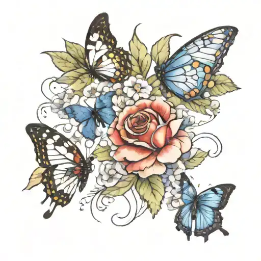 rose, violet, poppy, forget me not, 3 butterflies tattoo design idea