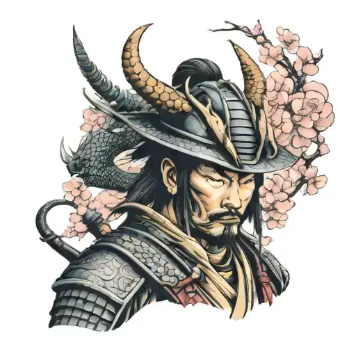 samurai with a dragon behind the sakura. samurai in a demon helmet tattoo design idea