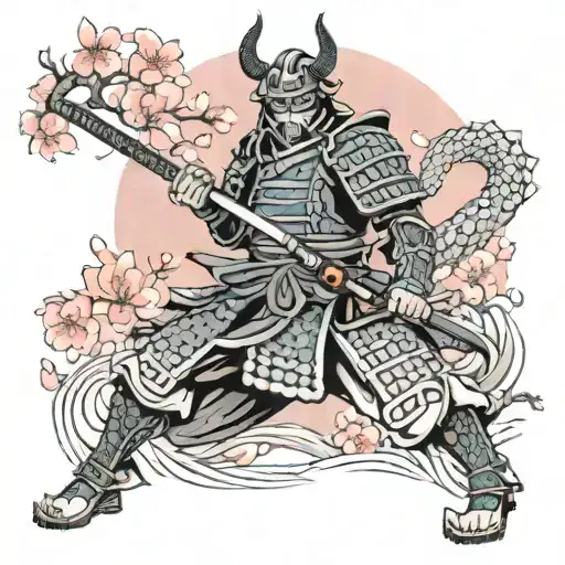samurai with a dragon behind the sakura. samurai in a demon helmet tattoo design idea