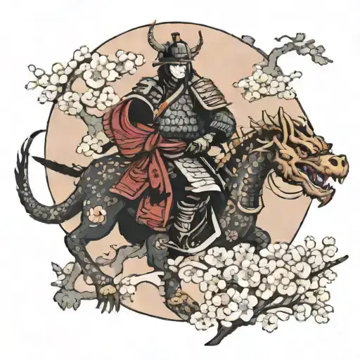 samurai with a dragon behind the sakura. samurai in a demon helmet tattoo design idea
