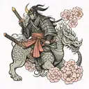 samurai with a dragon behind the sakura. samurai in a demon helmet tattoo design idea