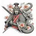 samurai with a dragon behind the sakura. samurai in a demon helmet tattoo design idea