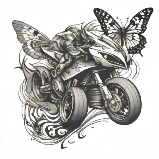 An abstract tattoo design representing the speed and adrenaline of F1 racing, with hidden honey badger and butterfly motifs intertwined in the design tattoo design idea