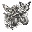 An abstract tattoo design representing the speed and adrenaline of F1 racing, with hidden honey badger and butterfly motifs intertwined in the design tattoo design idea