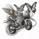 An abstract tattoo design representing the speed and adrenaline of F1 racing, with hidden honey badger and butterfly motifs intertwined in the design tattoo design idea