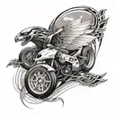 An abstract tattoo design representing the speed and adrenaline of F1 racing, with hidden honey badger and butterfly motifs intertwined in the design tattoo design idea