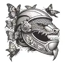 A tattoo design showcasing a fierce honey badger in a racing helmet, surrounded by a swarm of butterflies in a dynamic composition tattoo design idea