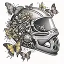A tattoo design showcasing a fierce honey badger in a racing helmet, surrounded by a swarm of butterflies in a dynamic composition tattoo design idea