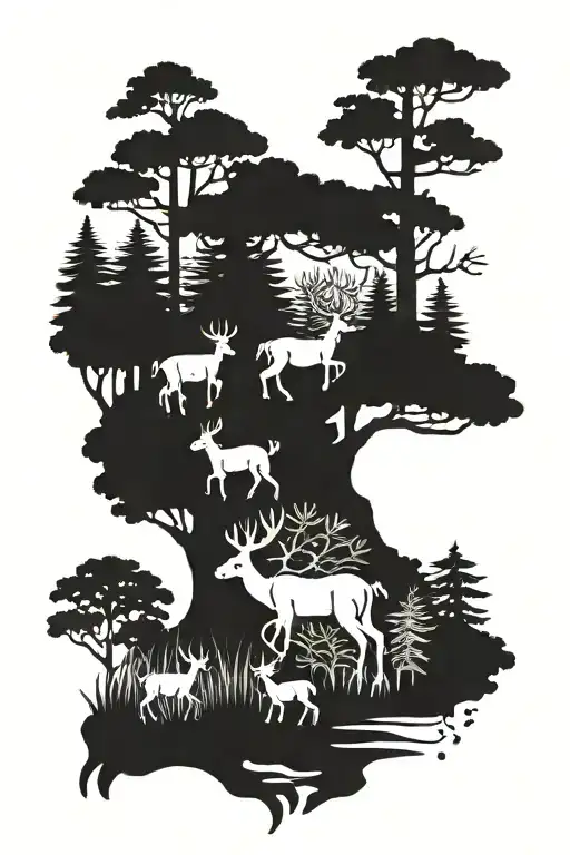A Japanese anime-inspired tattoo of a family of deer running through a forest, symbolizing the importance of family and your appreciation for nature tattoo design idea