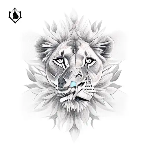 lioness and aster flower tattoo design idea