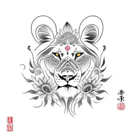 lioness and aster flower tattoo design idea