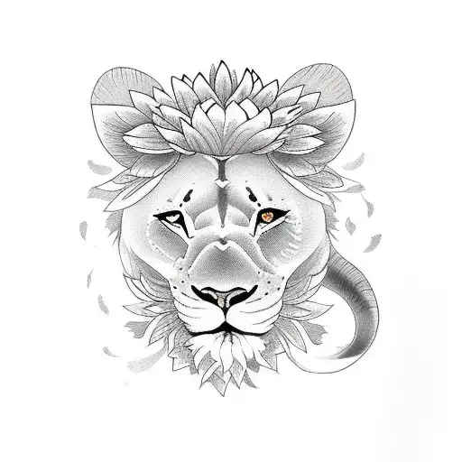 lioness and aster flower tattoo design idea