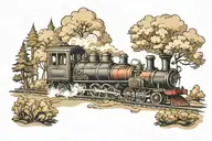 steam train in foggy forest  tattoo design idea