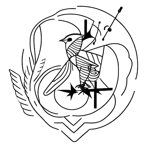 A minimalist tattoo of a robotic bird singing a musical note tattoo design idea